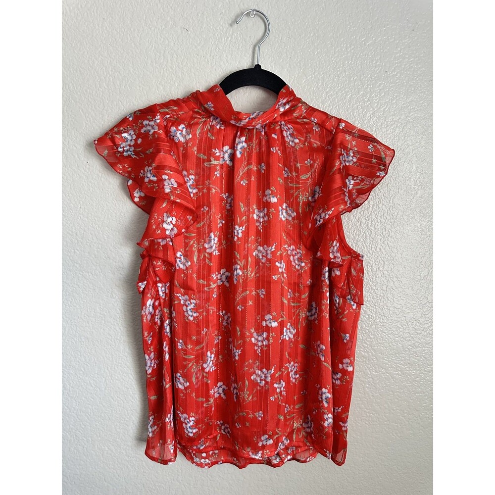 NWT Sabina Musayev Red Floral Ruffled Sleeveless Blouse